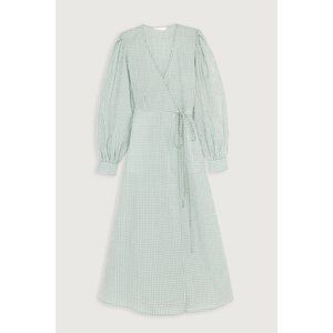 Oak + Fort Green Gingham Wrap Dress with long puff sleeves